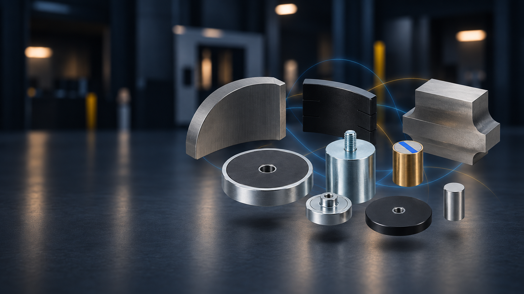 Verschiedene Magnettechnik-Bauteile und Magnete in industrieller Umgebung